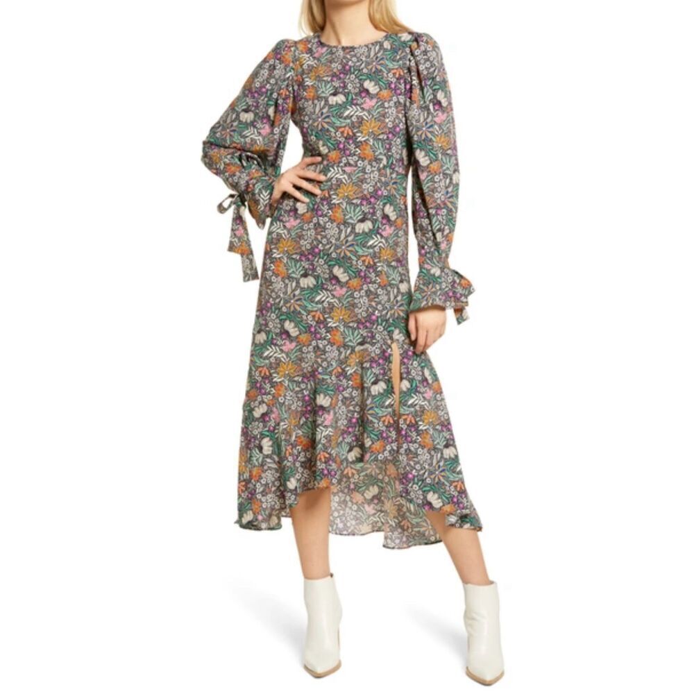 Topshop Black Multicolor Floral Long Sleeve Midi Dress Women's US 4 Ruffle Hem